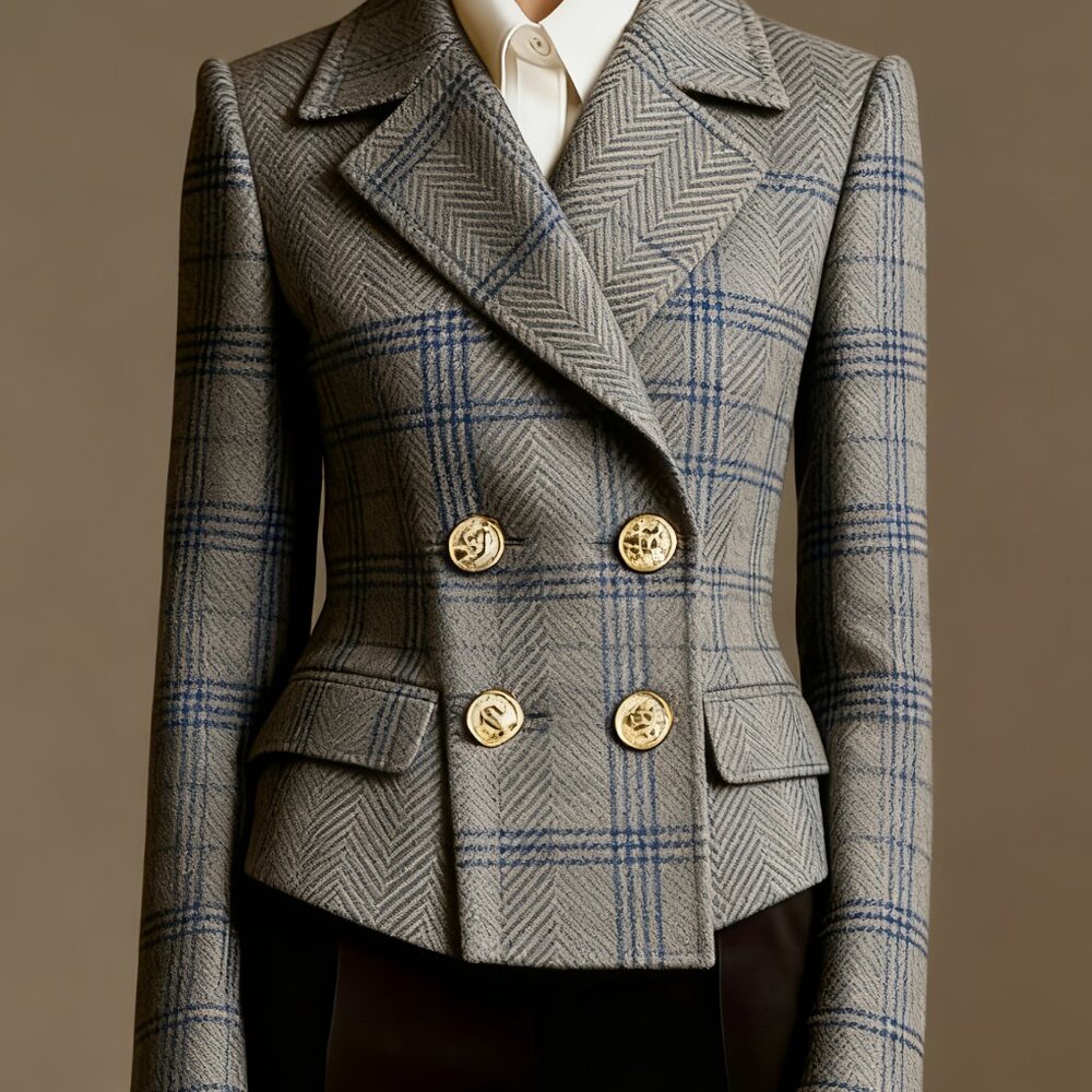 Plus Gray Plaid Double-Breasted Blazer | Gold Buttons, Lapel - Picture 2 of 6
